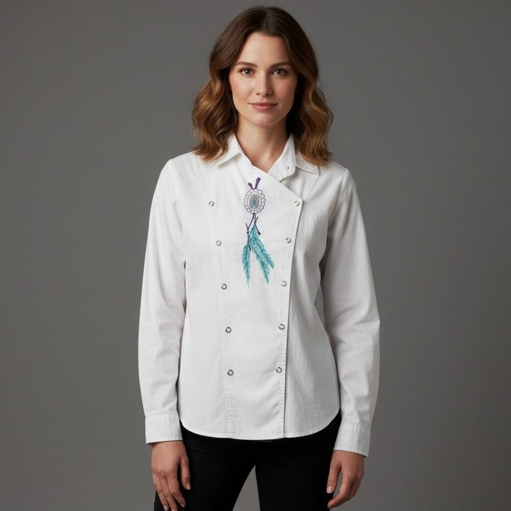 RoughRider By CircleT Vintage Shirt Womens XL White Double Breasted Embroidered